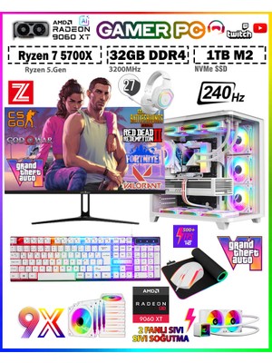 Zeiron Warrior Eagle White X65 Ryzen 7 5700X 32GB Ram 1TB M.2 Nvme SSD 8GB RX9060XT 27" 240Hz Sıvı Soğutmalı Oyuncu Bilgisayar