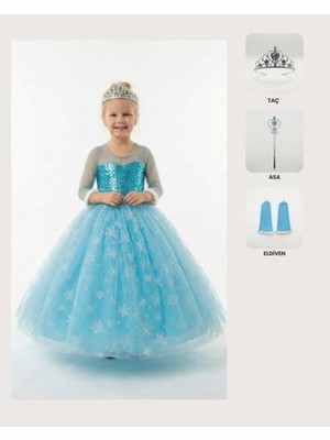 Butik Happy Kids Prenses Elsa Kostümü Uzun Kollu Elsa Kostümü 1-12 Yaş Taç-Asa-Eldiven Hediyeli