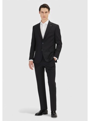 Ramsey Siyah Çizgili Zeroweight Slim Fit %100 Yün Takım Elbise