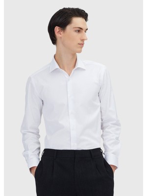 Ramsey Beyaz Regular Fit Dokuma Klasik %100 Pamuk Gömlek