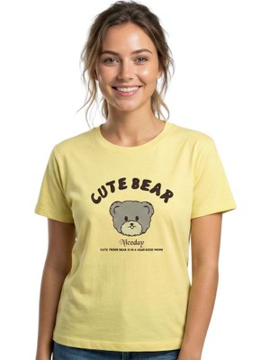 Bear Baskı Enfield&co Kadın T-Shirt Cute Sarı