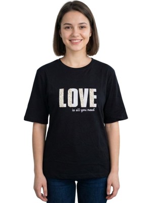 Leopar Baskı Enfield&co Kadın T-Shirt Love Siyah