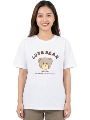 Bear Baskı Enfield&co Kadın T-Shirt Cute Ekru