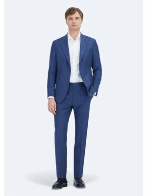 Ramsey Lacivert Çizgili Zeroweight Slim Fit %100 Yün Takım Elbise