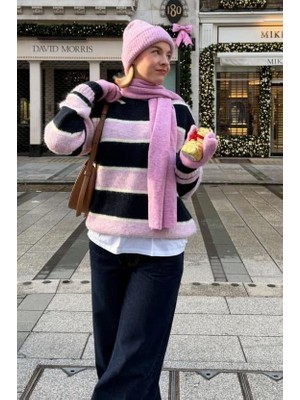 Madmext Lacivert/pembe Bisiklet Yaka Oversize Triko Kazak MG1972