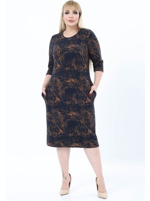 Modayız Çift Cepli Desenli Esnek Kışlık Büyük Beden Midi Elbise 46E-2771