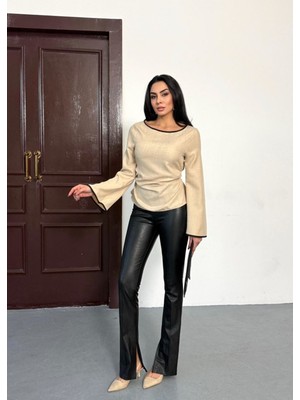 Kadın Ispanyol Kol Arkası Bağcık Ip Detay Keten Bluz