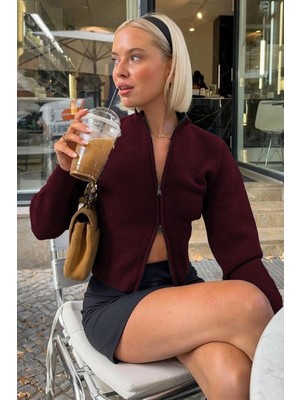 Madmext Bordo Çift Fermuarlı Dik Yaka Kadın Triko Hırka MG2505