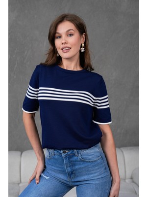 Irmak Kerekli Kadın Bisiklet Yaka Kısa Kol Çizgili Triko Bluz 25111 Laci-Ekru