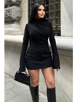 Kadın Dik Yaka Büzgü Detaylı ve Ispanyol Kollu Trend Sandy Bluz