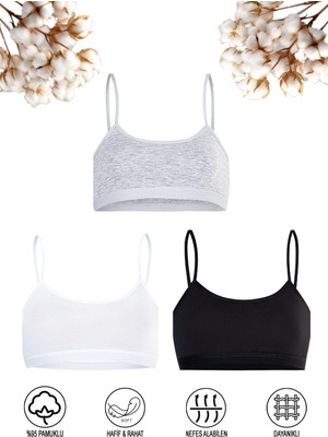 Özkan Underwear Özkan 42324 3'lü Paket Kız Çocuk Pamuklu Karışık Renk Süprem Pedsiz Alıştırma Sütyeni Esnek Rahat Ince Askılı Yarım Atlet Büstiyer