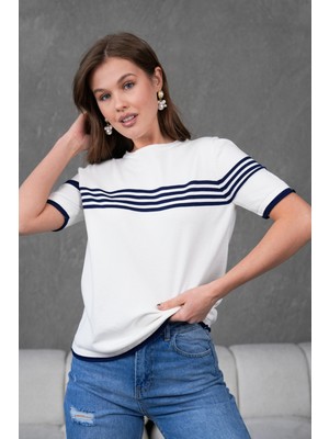 Irmak Kerekli Kadın Bisiklet Yaka Kısa Kol Çizgili Triko Bluz 25111 Ekru-Laci
