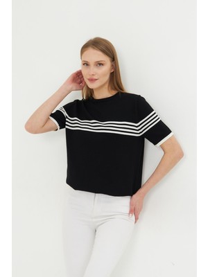 Irmak Kerekli Kadın Bisiklet Yaka Kısa Kol Çizgili Triko Bluz 25111 Siyah-Ekru