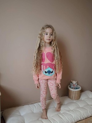 Cg Kids Stitch Temalı Kalp Baskılı Tayt Kız Çocuk Alt Üst Sweatshirt 2 Iplik Alt Üst Eşofman Takım