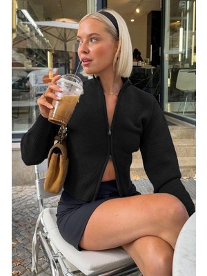 Madmext Siyah Çift Fermuarlı Dik Yaka Kadın Triko Hırka MG2505