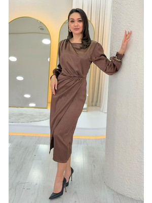 Thezkscom-Kadın Saten Drape Detaylı Yırtmaçlı Abiye Elbise Siyah, Bordo, Taba, Yeşil