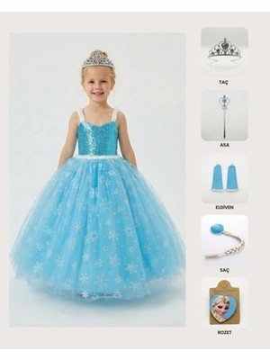 Butik Happy Kids Frozen Elsa Kostümü Askılı Kız Çocuk Prenses Elbisesi Taç Asa Eldiven Saç Rozet Hediyeli