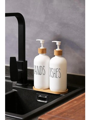 Depa Beyaz Cam Ikili Sıvı Sabunluk Seti 500 ml Bambu Altlıklı