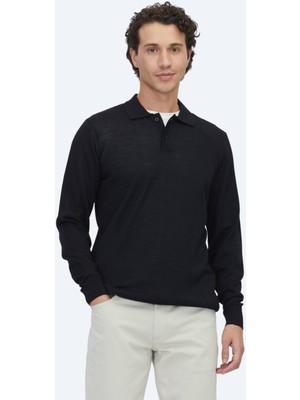 Kip Siyah Polo Yaka Jakarlı Yün Karışımlı Triko Kazak