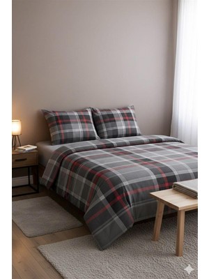 More Home Tek  Kişilik Nevresim Seti + Yastık Kılıfı  Ekose Desen Gri Kırmızı Çizgili