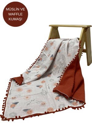 Happy Baby Dikiş Atölyesi Çift Taraflı Müslin ve Waffle Kumaş Bebek Battaniyesi Ponponlu 100X100 cm