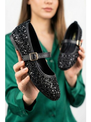 Nmoda Simli Pullu Mary Jane Babet Şık Tokalı Ortopedik Taban Günlük Ayakkabı