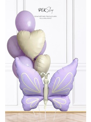 Pekshop Retro Lila Kelebekli Kalp Balonlu Balon Seti