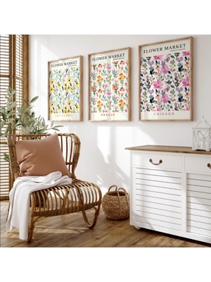 Pam Studio Flower Market 3’lü Çerçeveli Tablo Seti – Renkli Çiçek Illüstrasyonlu Modern Duvar Dekoru