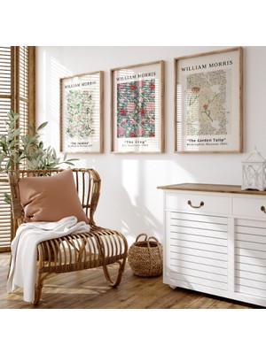 Pam Studio William Morris 3’lü Ahşap Çerçeveli Tablo Seti - Modern Minimalist Çiçek Desenli Duvar Dekoru