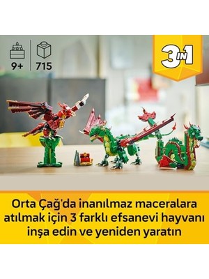 Creator 3’ü 1 Arada Orta Çağ Ejderhası 31161-9 Yaş ve Üzeri Çocuklar Için Deniz Yılanı ve Zümrüdüankaya Dönüşen Oyuncak Yapım Seti, Doğum Günü Hediyesi (715 Parça)