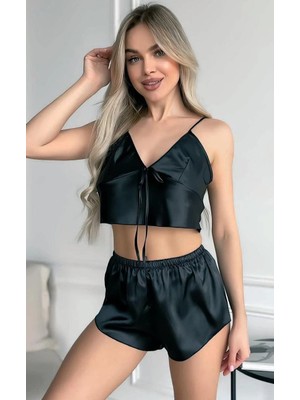 Bleu Petite Siyah Kurdele Detay Saten Şortlu Pijama Takım
