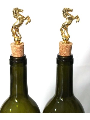 Altın Şahlanan At Figürlü 2 Adet Mantar Tıpa - Şarap Yağdanlık Şişe