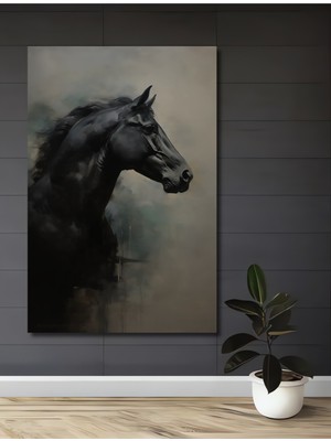 Petmudo AVM Asil Siyah At Yağlı Boya Görünümlü Modern Sanat Dekoratif Ahşap Ev,antre,salon,ofis,mutfak Tablo