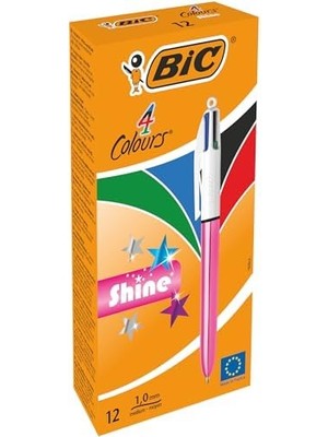 4 Colours Pembe Gövde Tükenmez Kalem 12'li Kutu, 4 Renk (Mavi, Siyah,yeşil ve Kırmızı), 1.0 Mm. Uç