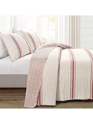 Lush Çiftlik Evi Çizgili 3 Parça Yorgan Seti, Kırmızı, Tam/