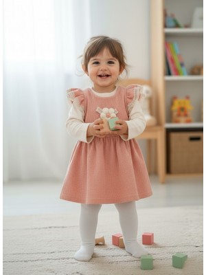 ruhaay Kız Çocuk Kolları Fırfır Detaylı Çiçekli ikili Uzun Kollu Badi Ve waffle Elbise 6-24 Ay
