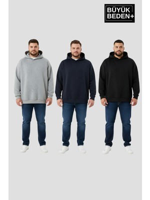 Superlife Erkek Büyük Beden 3 Lü Set  Kollar ve Etek Ribanalı Ince Kapşonlu Swatshırt SPR26BSW957+3