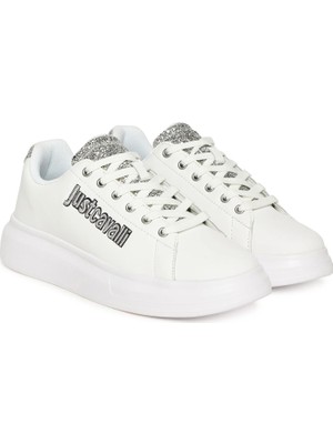 Just Cavalli Kadın Fondo Ursa Dis. 1 Nakışlı Yazı Logolu Simli Kalın Tabanlı Sneaker - Beyaz