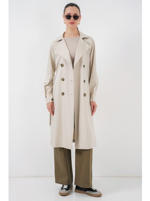 Bigdart 5853 Kruvaze Yaka Arkası Baskılı Trençkot - A.bej