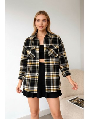 Mamayaga Kadın Desen Bloklu Oduncu Oversize Bol ve Geniş Kalıp Casual Cepli Yakalı Ceket Gömlek