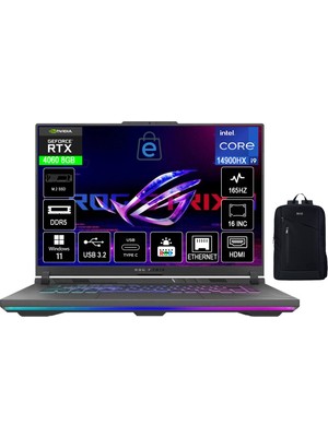 Asus Rog Strix G16 G614JVR-N3243 Intel I9 14900HX 16GB 512GB RTX4060 165 Hz Freedos 16" Notebook