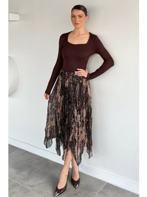 Gülseli Kadın Astarlı Şal Desenli Asimetrik Kesim Etek P-00020269