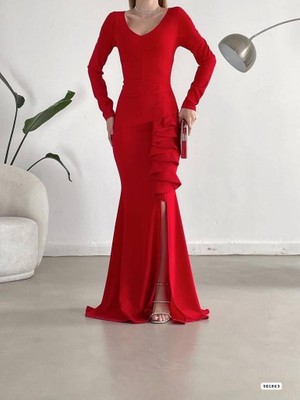 Rengamoda Kadın V Yaka Eteği Fırfırlı Yırtmaçlı Krep Abiye Elbise