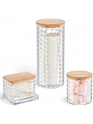 Ahşap Kapaklı 3'lü Organizer Set, Model Modern Pamukluk Düzenleyici Şık 3'lü Pamukluk Set - Şık ve Fonksiyonel Ahşap Kapaklı 3'lü Organizer Set