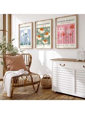 Pam Studio Modern Çiçek Desenli Duvar Dekoru-Flower Market 3’lü Ahşap Çerçeveli Tablo Seti