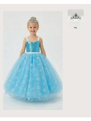 Butik Happy Kids Frozen Elsa Kostümü Askılı Kız Çocuk Prenses Elbisesi + Taç