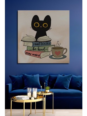 Petmudo AVM Kedi ve Kitap Aşkına Sulu Boya Görünümlü Dekoratif Ahşap Ev,antre,salon,ofis,mutfak Tablo
