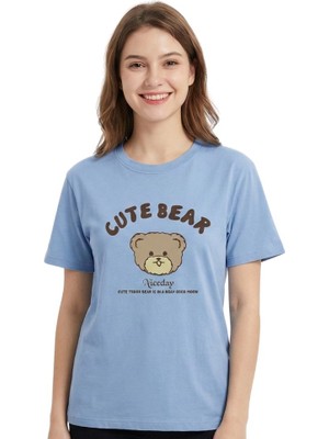 Bear Baskı Enfield&co Kadın T-Shirt Cute Bebe Mavi