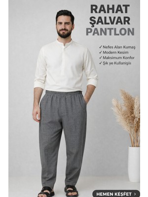 Üstün Online Hacı ve Umre Için Günlükte Şık Kesim Rahat Kalıp Erkek Şalvar Pantolon Desenli Koyu Gri