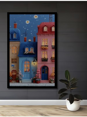 Petmudo AVM Renkli Kasaba Sanat Yağlı Boya Görünümlü Ahşap Antre,ofis,mutfak,yatak Odası Tablo Çerçeve Görünümlü